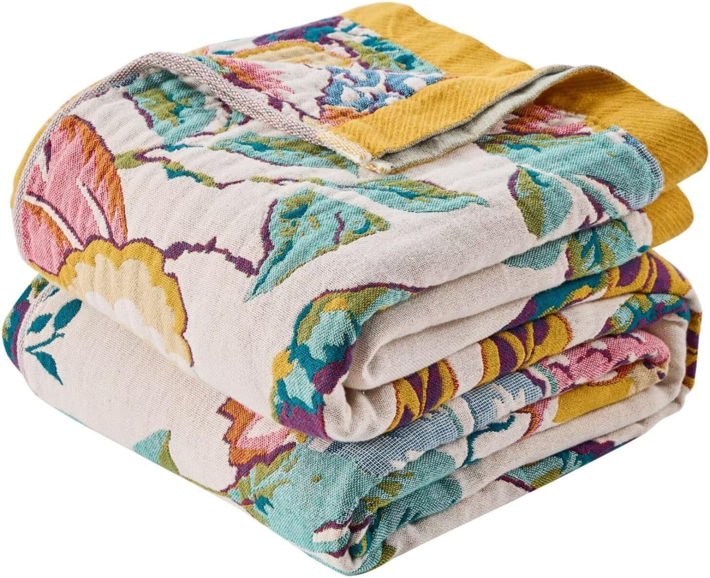 Boho Throw Blanket for Bed, Double Sided Floral Decorated Bohemian Couch Blanket, Lightweight Breathable 100% Cotton Throw Blanket,Room, Farmhouse, Bed Decor (Happiness,50"x60")