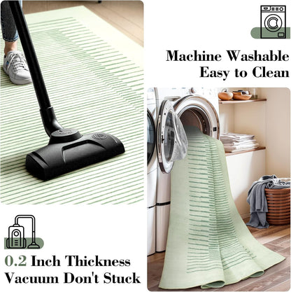 Wonnitar Washable Green Striped Runner Rug for Hallway 2'6"x8', Non-Slip Soft Runner Rug for Bedroom, Low Pile Minimalist 8ft Carpet Runner for Bathroom Laundry Kitchen (Green, 2'6" x 8')