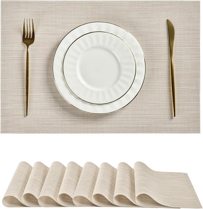 Leetaltree Beige White Placemats Set of 8 - Heat Resistant Non-Slip Place mats for Dining Table, Washable Durable PVC Vinyl Woven Table Mats（Beige White, 8）