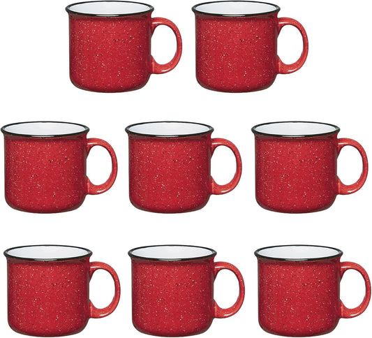 Set of 8 Ceramic Campfire Mugs – 15 Oz, Red – Coffee & Tea Cups for Home, Work, Travel, Camping