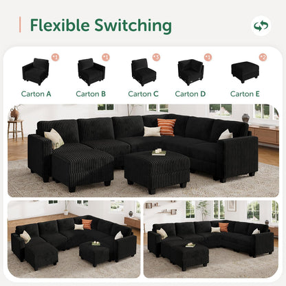 HONBAY Corduroy Sectional Couch with Storage U Shaped Sectional Sofa Modular Sectional Couches for Living Room, Black