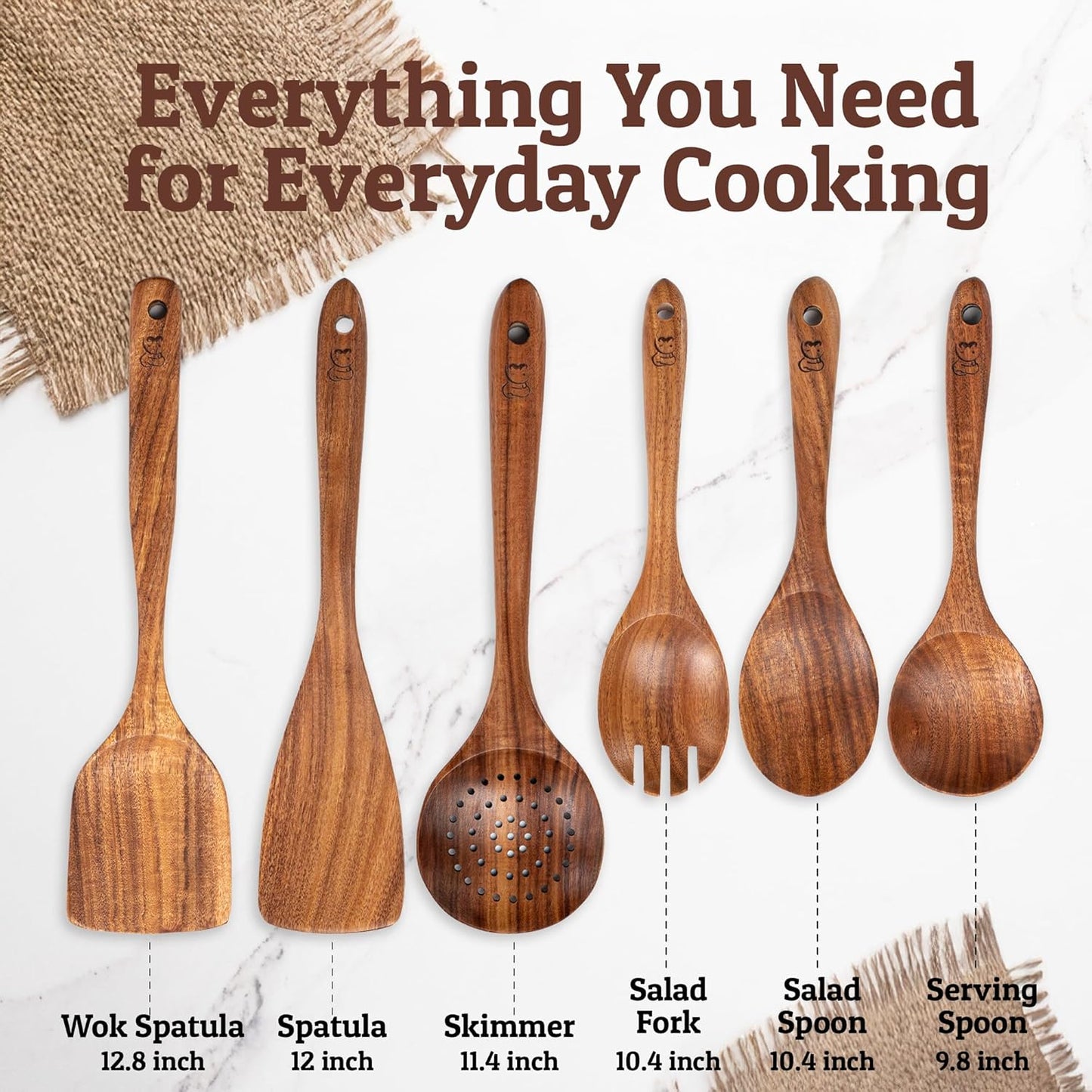 PriorityChef Premium Wooden Spoons for Cooking - 6pc Smooth Finish Teak Wooden Utensil Set with Hanging Hooks, Heat-Resistant & Nonstick Safe, Ideal for Gifting