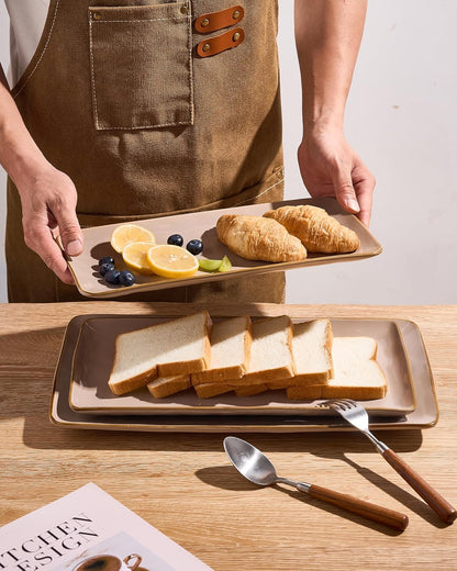 famiware Serving Platter, Rectangular 15.67/14.1/12.6 inch Serving Dishes for Entertaining, Microwave Dishwasher Safe, Stonware Serving Trays for Party, Turkey, Cheese, Ocean Series, Cinnamon Brown