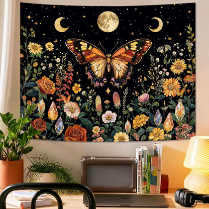 Lunerfex Boho Butterfly Tapestry Flower Moon Wall Tapestry, Moon Phases Tapestries for Bedroom Cute Tapestries Wall Hanging for Bedroom Living Room Decor Butterfly-2 60"x80"