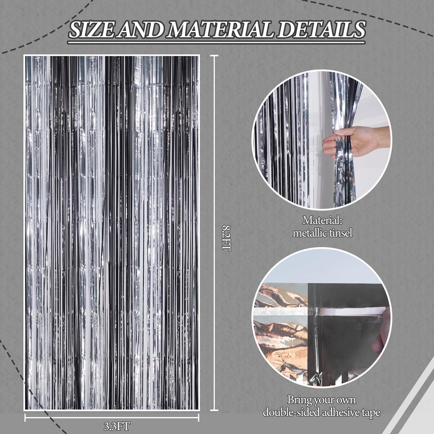 3 Pack Foil Fringe Backdrop - Black&Silver Shiny Tinsel Curtains for Party Decoration/Photo Booth Props - 3.3x8.2 FT Metallic Foil Backdrop for Birthday, Wedding, Graduation, Christmas.