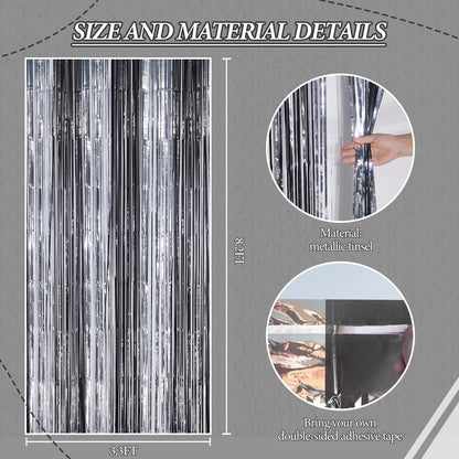 3 Pack Foil Fringe Backdrop - Black&Silver Shiny Tinsel Curtains for Party Decoration/Photo Booth Props - 3.3x8.2 FT Metallic Foil Backdrop for Birthday, Wedding, Graduation, Christmas.