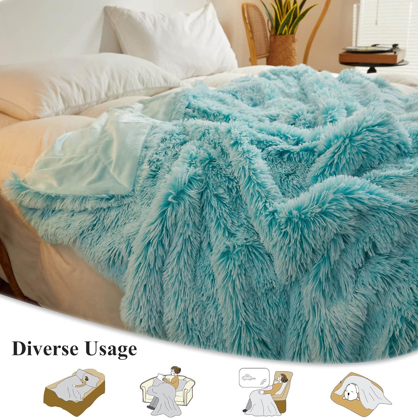 XeGe Plush Faux Fur Throw, Aqua Comfy 50x60 Fuzzy Blanket, Luxury Boho Lightweight Couch Throw, Autumn Ultra Soft Fluffy Shaggy Lap Blanket for Couch Bed Sofa Chair Ombre Aqua Green