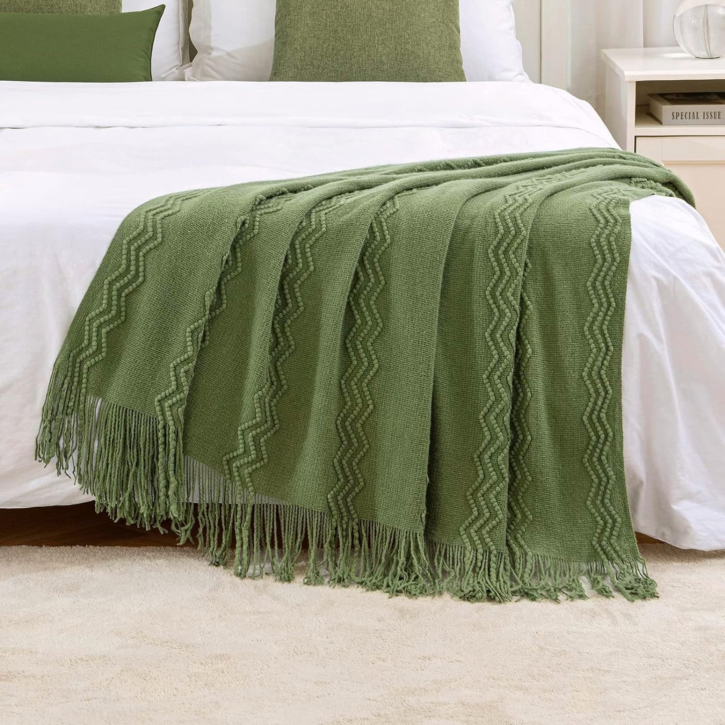 MIULEE Moss Green Knitted Throw Blanket for Couch Textured Knit Blanket with Tassels Cozy Woven Bed Blanket for Sofa Bed Chair Wave Pattern Spring Home Decor for All Seasons 50"x60"