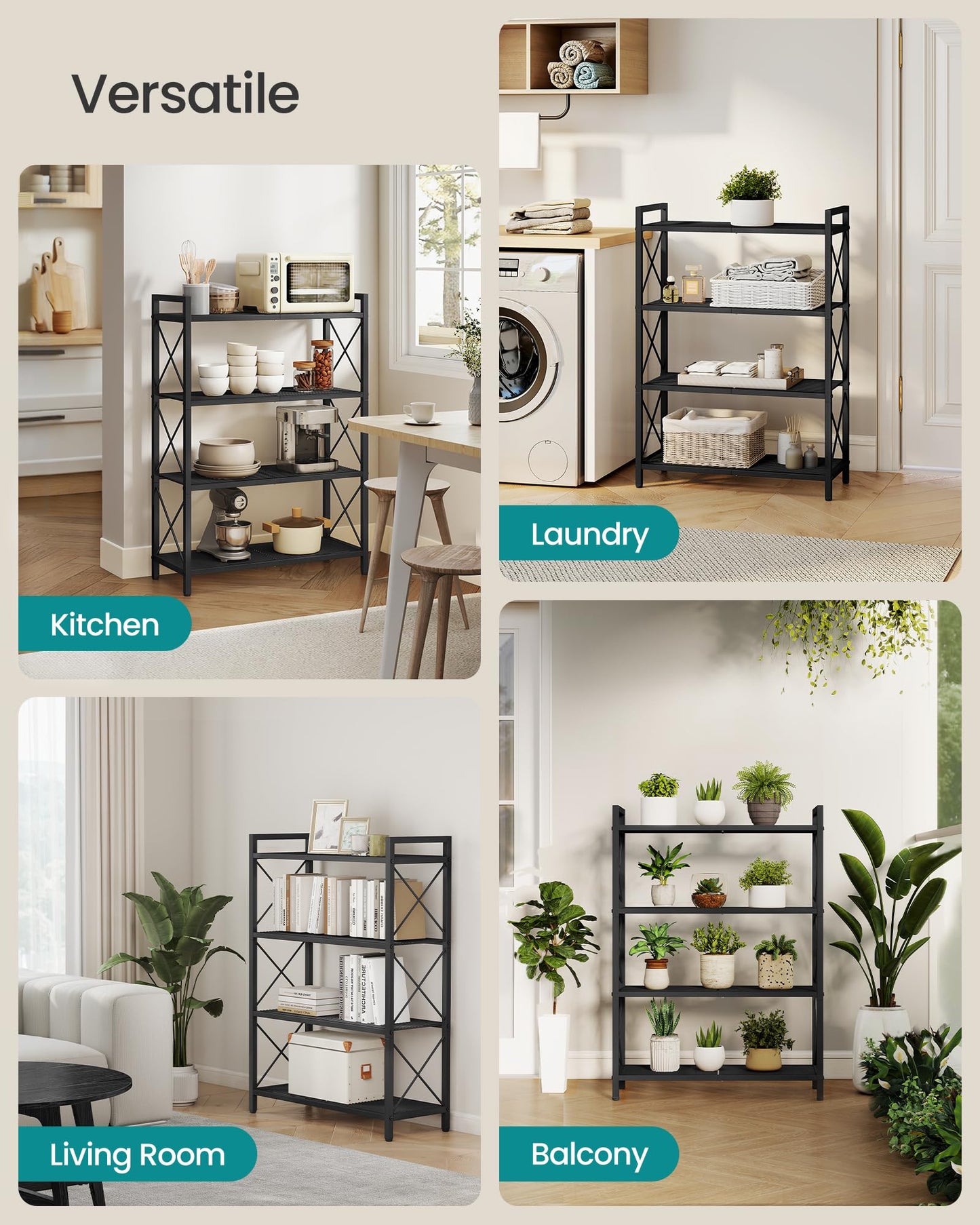 SONGMICS 4-Tier Metal Storage Rack, Shelving Unit with X Side Frames