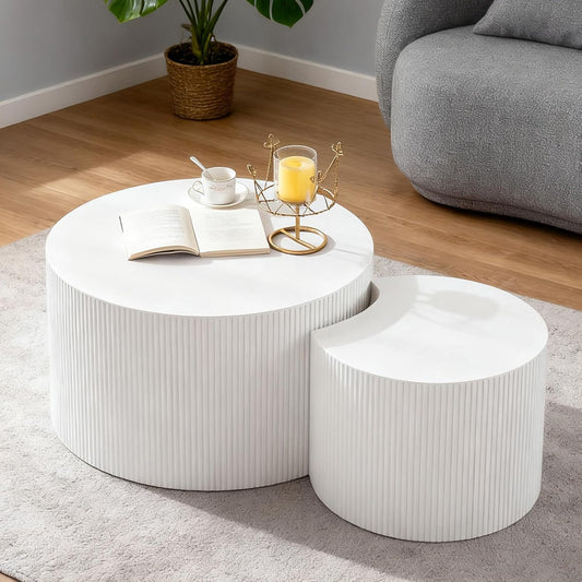 Round Nesting Coffee Table Modern White Fluted Coffee Table Set of 2 Stripe Cream Round Coffee