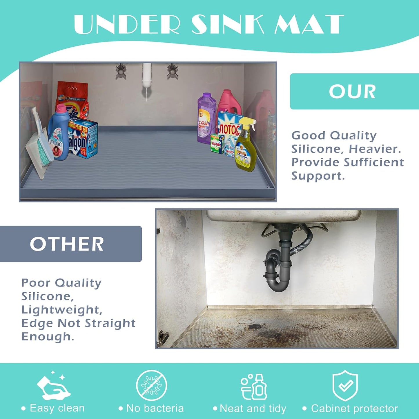 URMONA Waterproof Silicone Under Sink Mat 22'' x 19'' Shelf Liner for Kitchen and Bathroom, Cabinet and Counter Protector, Storage and Organizers, Litter Mat, Pet Cat Puppy Essentials(Beige)