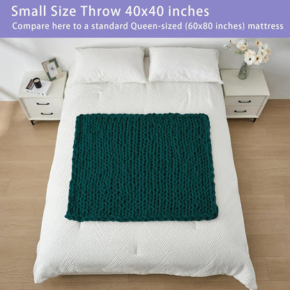 Bigacogo Chunky Knit Throw Blanket for Couch, 40x40 inches, 100% Hand Knitted with Thick Jumbo Chenille Yarn, Cozy Soft Large Rope Knot Cable Crochet Blankets for Sofa Bed Living Room, Dark Green