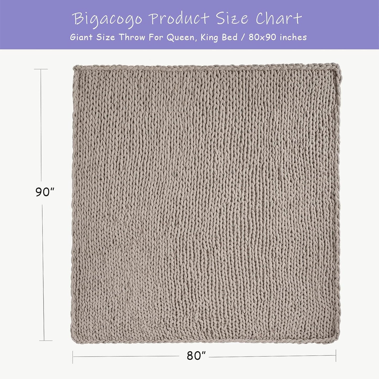 Bigacogo Chunky Knit Throw Blanket for Couch, 80x90 inches, 100% Hand Knitted with Thick Jumbo Chenille Yarn, Cozy Soft Large Rope Knot Cable Crochet Blankets for Sofa Bed Living Room, Taupe