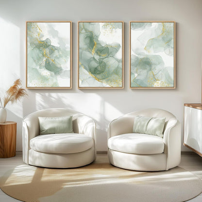 Large Framed Sage Green Abstract Wall Art for Living Room, 3 Piece Green and Gold Canvas Prints Paintings Artwork for Walls, Modern Minimalist Pictures for Hallway Stair Office Wall Decor 24x36 In