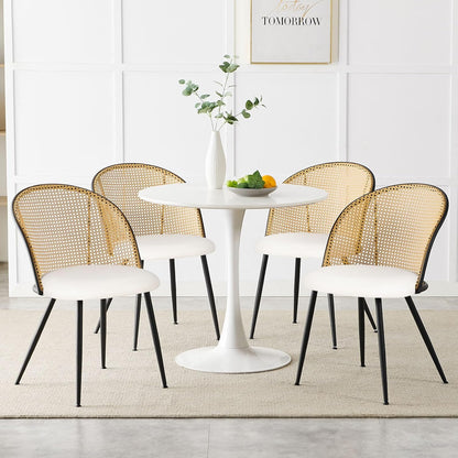 Dining Chairs Set of 4, Mid Century Modern Dining Room Chairs with Full Rattan Back, Faux Leather Kitchen Dining Chairs Farmhouse Armless Mesh Cane Back Side Chairs with Metal Legs, White