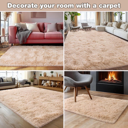 Rezutan Fluffy Rug for Living Room Bedroom, Large Comfy Modern Shaggy Fuzzy Kids Rug, Plush Indoor Nursery Classroom Home Decor Bedside with Non-Slip Bottom, Camel, 5X7 Feet
