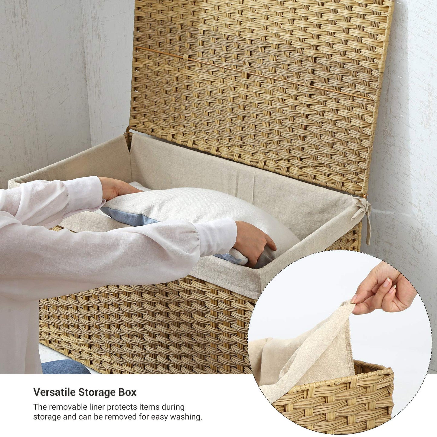 SONGMICS Storage Basket with Lid, Woven Blanket Storage Bin with Handles, Foldable, Removable