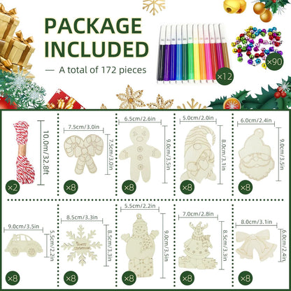 Wooden Christmas Ornaments, 176 PCS Unfinished Predrilled Wood Ornaments Set with 72 Blank Wood Slices in 9 Styles, 90 Bells and 12 Color Pens for Kids DIY Crafts and Christmas Hanging Decoration, A