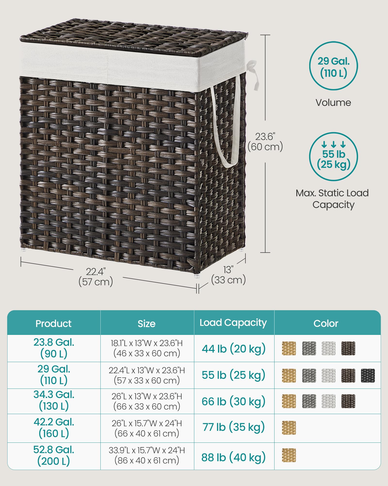 SONGMICS Laundry Hamper with Lid, 110L Wicker Laundry Basket