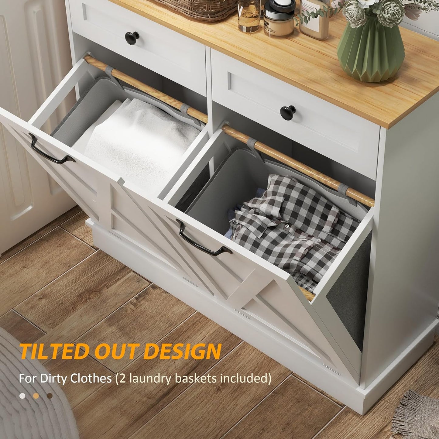 HOMCOM Tilt Out Laundry Hamper Cabinet with 2 Removable Baskets, Freestanding Bathroom Storage Cabinet with 2 Drawers, Trash Can Cabinet for Living Room, Laundry Room, White