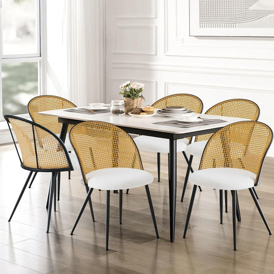 Rattan Dining Chairs Set of 6, Mid-Century Modern Kitchen Dining Room Chairs with Full Cane Backrest Armless Upholstered Farmhouse Boucle Dining Chairs with Metal Leqs for Dining Room, White