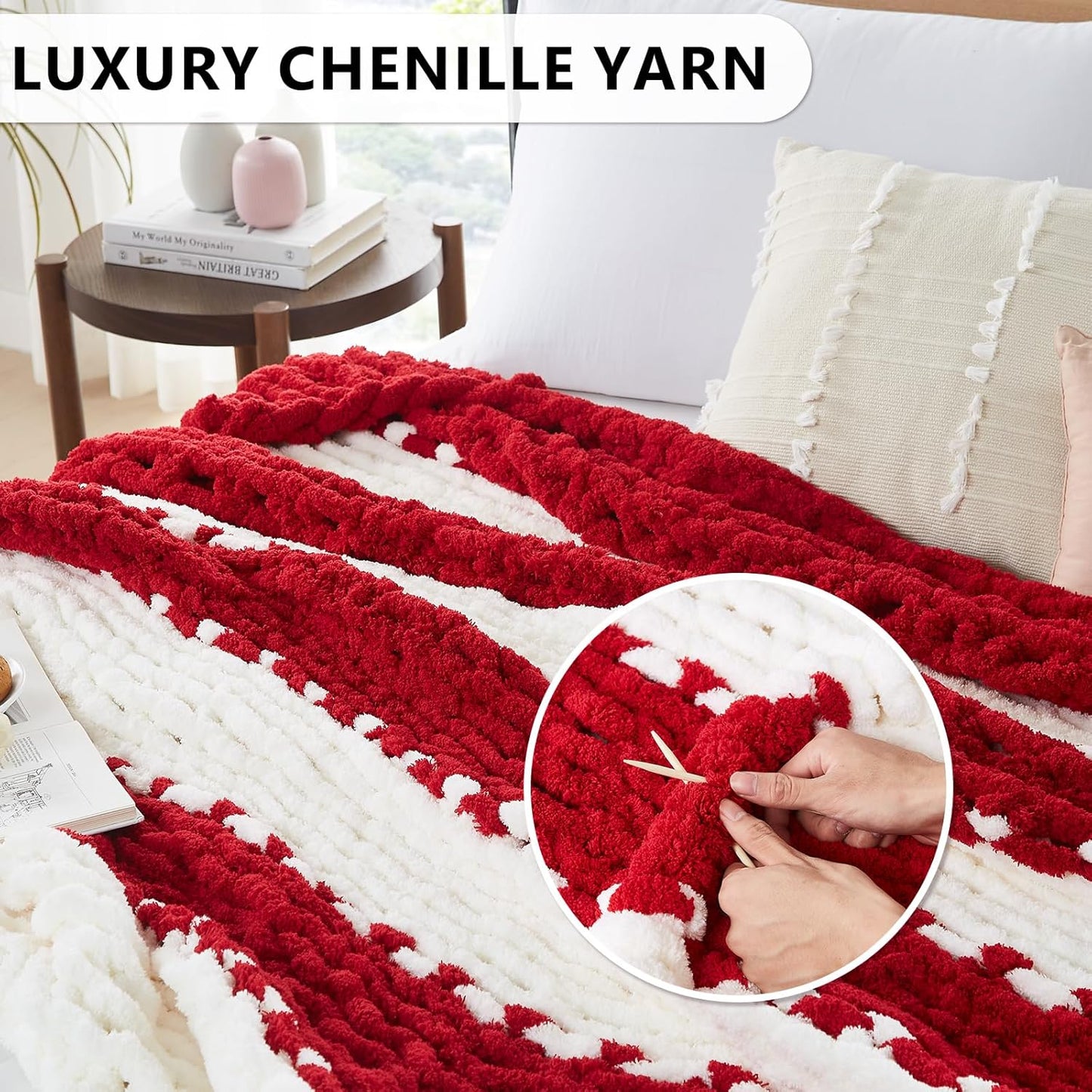L'Agraty Chunky Knitted Throw Blanket: 80''x90'' Chenille Throw for Bed & Couch - Handmade Thick Cable Knit - Large Crochet Blanket (Red White)