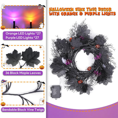 kuaima Halloween Lighted Willow Vine Twig Decor, 6.56 FT Light up Garland with Purple and Orange LED Lights for Indoor Outdoor Decor, 8 Modes, 18 Ornaments, 4 Adhesive Hooks