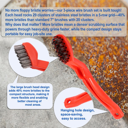 GOLDEN SMILE 3-Pack Heavy-Duty Stainless Steel Wire Brushes – 7" Ultra-Stiff 5x29 Grid (40% Denser Bristles) – Resists Bending, Rust & Grime Blaster for Industrial Cleaning