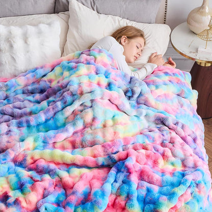 NEWCOSPLAY Faux Fur Throw Blanket Dark Rainbow Luxury Fluffy Thick Warm Bubble Blanket for Couch Sofa Bed 700GSM (Dark Rainbow, Throw(50"x60"))