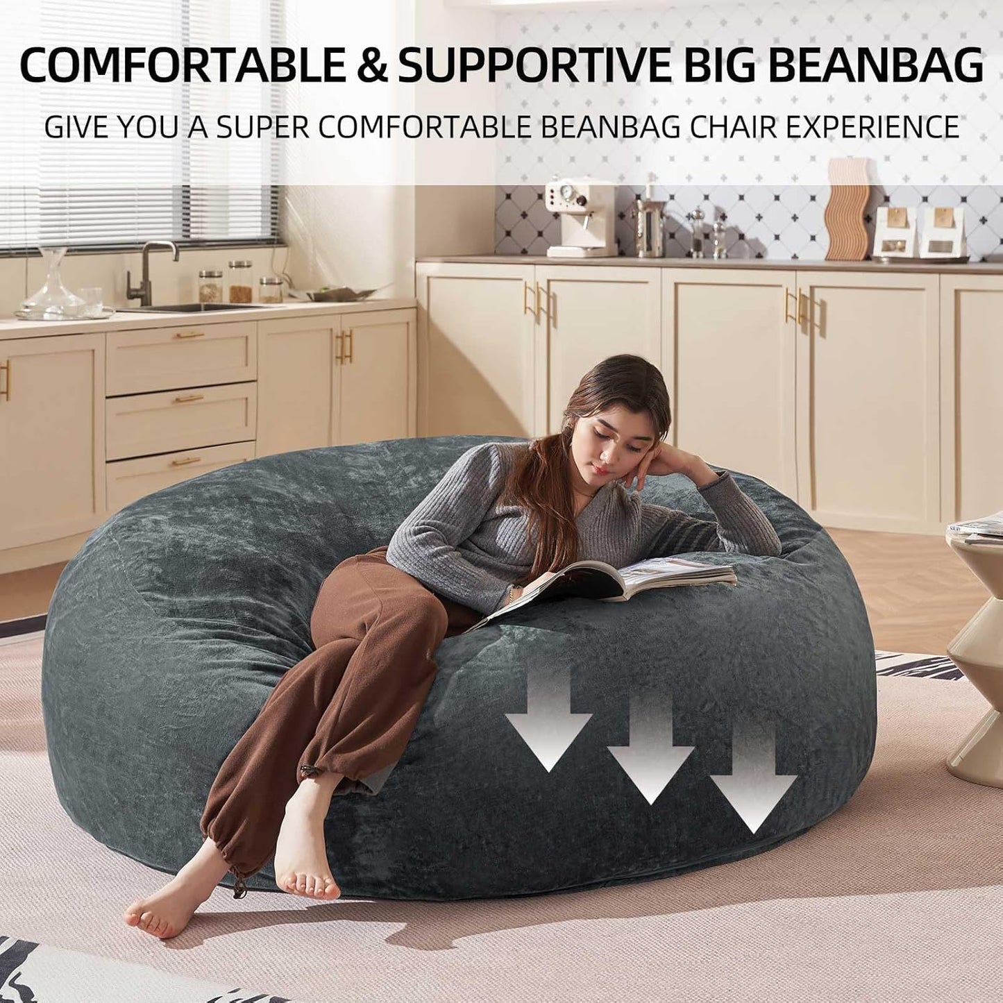 Bean Bag Chair 6Ft, Memory Foam Filled, Large Beanbag Chairs for Adults and Teens, Soft Sofa with Removable Flannel Cover, Round Couch for Living Room Bedroom College Dorm (Dark Gray, 6FT-67×67"×24")