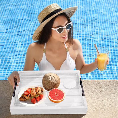 Ottoman Tray | Wooden Serving Tray with Handles & Coasters - 17x13 Inch, Rustic, White, Solid, Rectangular, Vintage, Lightweight