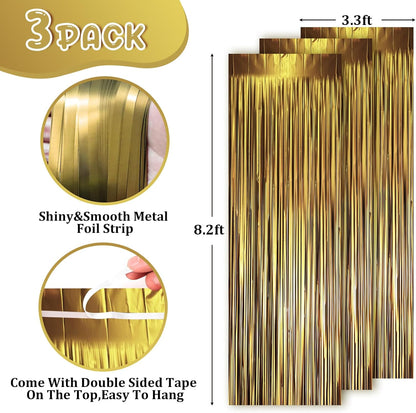 3 Pack 3.3 x 8.2 ft Matte Gold Foil Fringe Backdrop Curtains, Tinsel Streamers Party Decorations, Fringe Backdrop, Door Shimmer for Graduation, New Years Eve, Birthday Party
