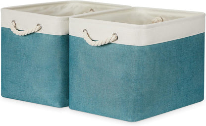 Bidtakay Foldable Storage Bins Set of 2 Tall Cloth Baskets 16" X 11.8" X 11.8" Decorative Organizers for Linen Closet (White & Teal)