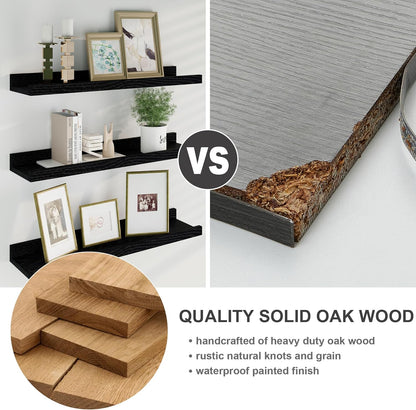 Floating Picture Ledge Shelves 24 Inch Solid Oak Wood Set of 2, Rustic Wall Storage Shelves with Lip, Kids Bookshelf, Photo & Picture Ledge Shelves for Bedroom, Living Room, Kitchen