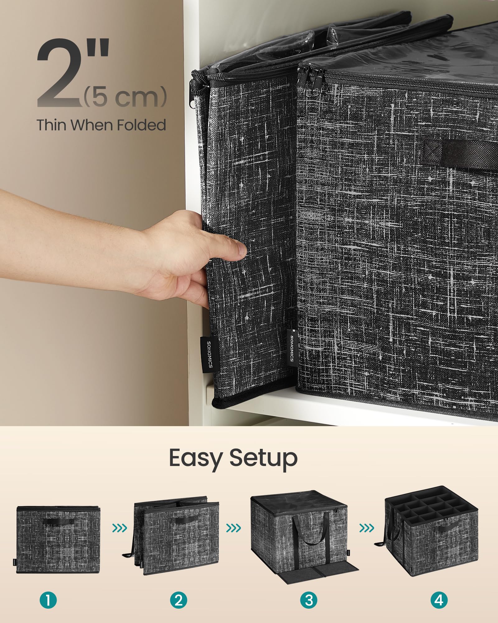 SONGMICS Shoe Organizer for Closet, Set of 2, Shoe Storage Box with Clear Lid, Foldable Fabric