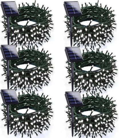 6pk Cool White Solar Christmas Lights Outdoor Waterproof, 600 LED 198FT Solar Powered LED String Lights Green Wire with 8 Modes, Solar Fairy Lights for Xmas Tree Party Wedding Garden Fence Decorations
