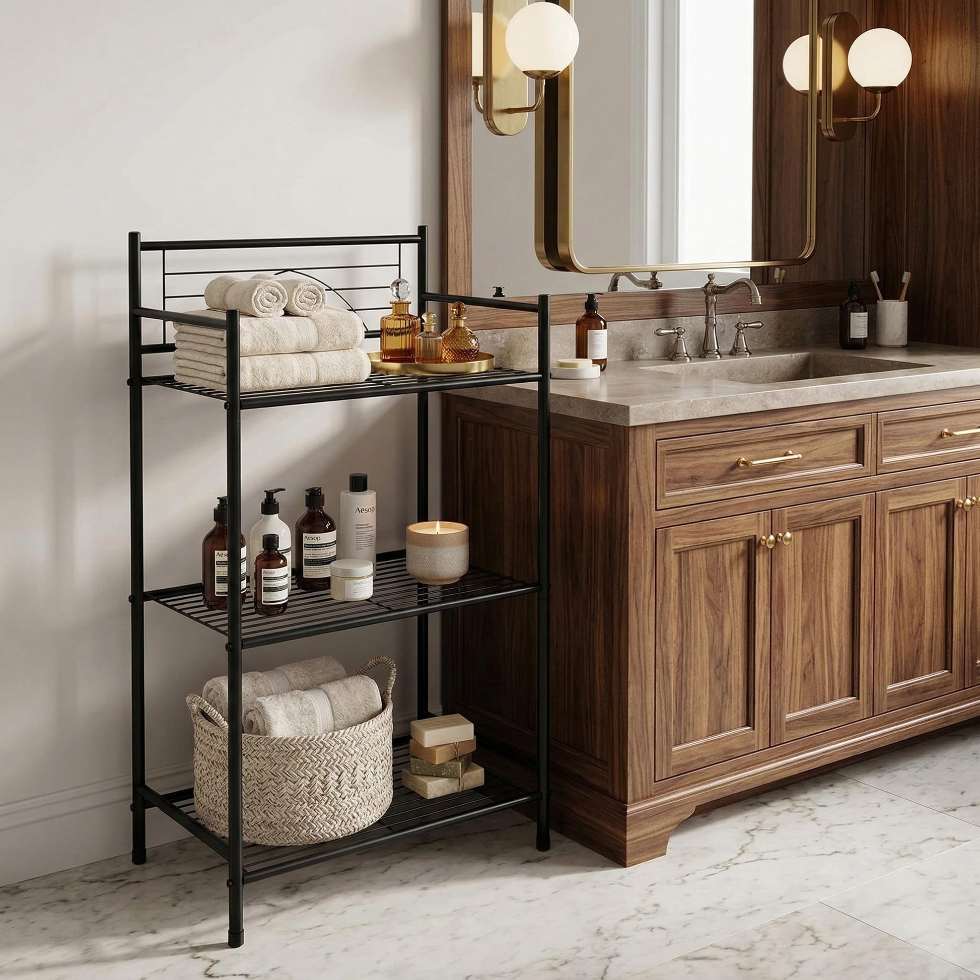 Bath Bliss 3 Tier Freestanding Bathroom Storage Shelf, Black Metal Organizer Rack | Rust Resistant