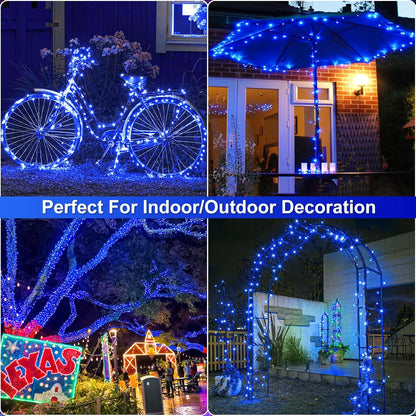 100FT 300 LED Christmas Lights Outdoor, Blue Christmas Tree Lights with 8 Modes Waterproof, Plug in Green Wire String Twinkle Light for Indoor Xmas House Patio Yard Holiday Decorations