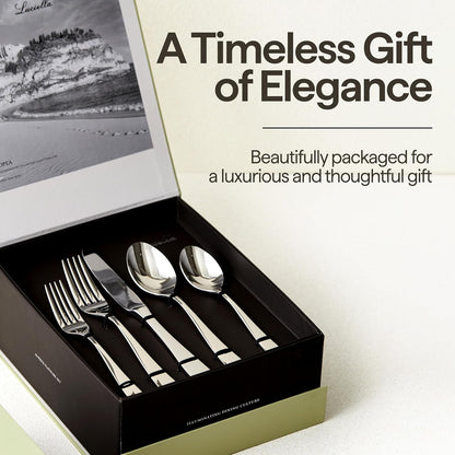 Luciella Tropea Polished Flatware Set for 8, 45-Piece Premium 18/10 Stainless Steel Silverware Set with Serving Utensils, Modern Mirror Finish, Rust Resistant, Dishwasher Safe