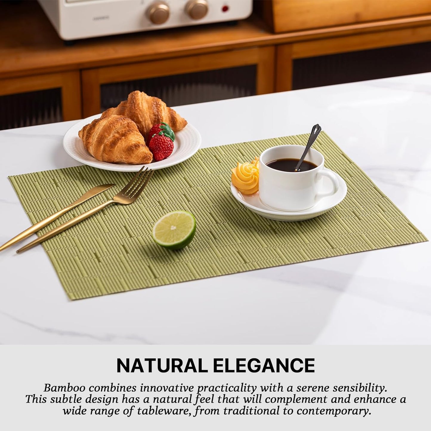 LEXMORE Placemats Set of 4 Vinyl/Plastic Woven Place Mats for Kitchen Table Indoor/Outdoor Washable Placemat Wipeable Dining Table Mats(Pea Green)