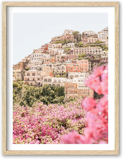 HesenDot Natural OAK Wood Amalfi Coast Framed Wall Art,12x16in Italy Beach Canvas Wall Print, Pink Flowers House Boho Wall Decor for Living Room,Bedroom,Office Gallery Gifts Set of 1