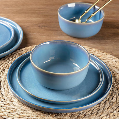 GBHOME Ceramic Dinnerware Sets for 4, 12 Pieces Stoneware Plates and Bowls Sets, Reactive Glaze Dishes -Scratch Resistant, Dishwasher&Microwave Safe-Alaskan Blue