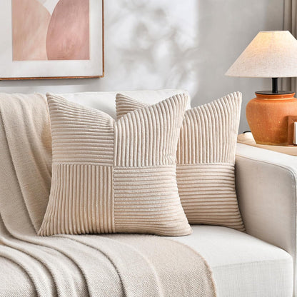 Fancy Homi 2 Packs Tan Samll Decorative Throw Pillow Covers 14x14 Inch with for Couch Bed Sofa, Rustic Farmhouse Boho Home Decor, Soft Corss Patchwork Corduroy Square Beige Cushion Case 35x35 cm
