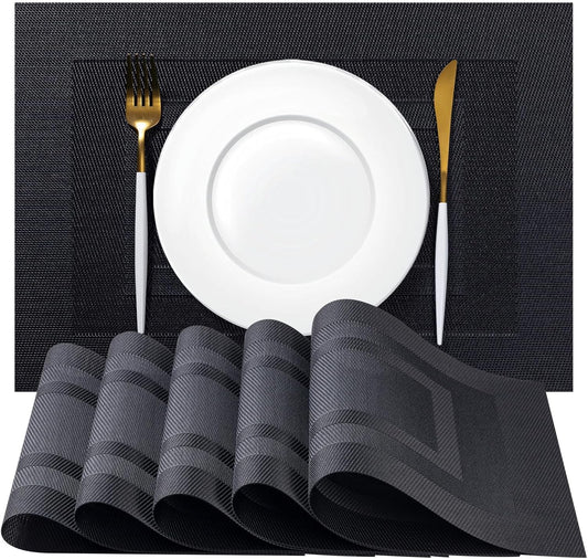 Placemat Set of 4 - Easy Clean Woven Vinyl Placemats for Dining Table, Indoor/Outdoor Place Mats, Washable PVC Table Mats（Black Cube）