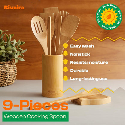 Riveira Bamboo Wooden Spoons for Cooking 9-Piece with Holder, Apartment Essentials Wood Spatula Spoon Nonstick Kitchen Utensil Set Premium Quality Housewarming Gifts for Everyday Use