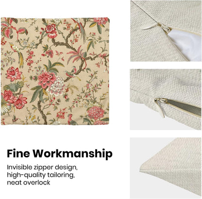 CXMEIFLY Spring Floral Birds Pillow Covers 20 x 20 Inch Set of 2 for Chinoiserie Flowers Decor Throw Pillows Pink Red Plant Outdoor Decorative Cushion Cases for Couch Bed Decorations