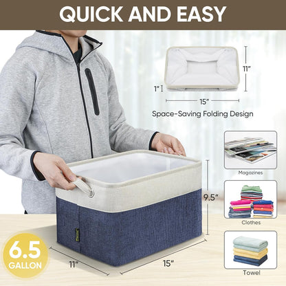 BALEINE 3 Pack Fabric Storage Bins for Shelves, Linen Storage Baskets for Organizing, Decorative Closet Bins for Clothes, Home (Navy Blue, 15"x11"x9.5")