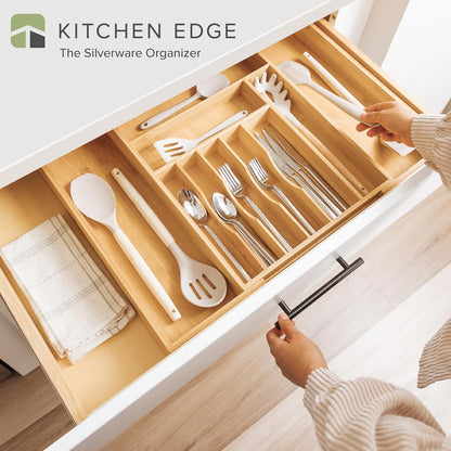 Premium Silverware, Flatware and Utensil Organizer for Kitchen Drawers, Food-Safe Contract Grade, Expandable from 14 to 25 In, Natural Bamboo