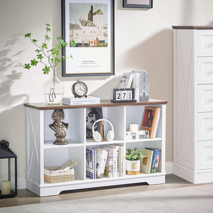 Farmhouse 6 Cube Bookshelf, White Storage Organizer Bookcase, Kids Toy Storage Cabinet, Long Bookshelves Storage Organizer Shelf, Wood Display Cabinet Book Shelves for Bedroom,Living Room,Office