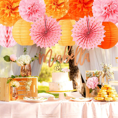 Pink-Orange Groovy-Thanksgiving Engagement Party-Decorations - 14pcs Fall Autumn Harvest Paper Lanterns Fan,Tissue Pom Poms Streamers,Honeycomb Balls,Birthday Baby Bridal Shower Wedding Decor Ouruola